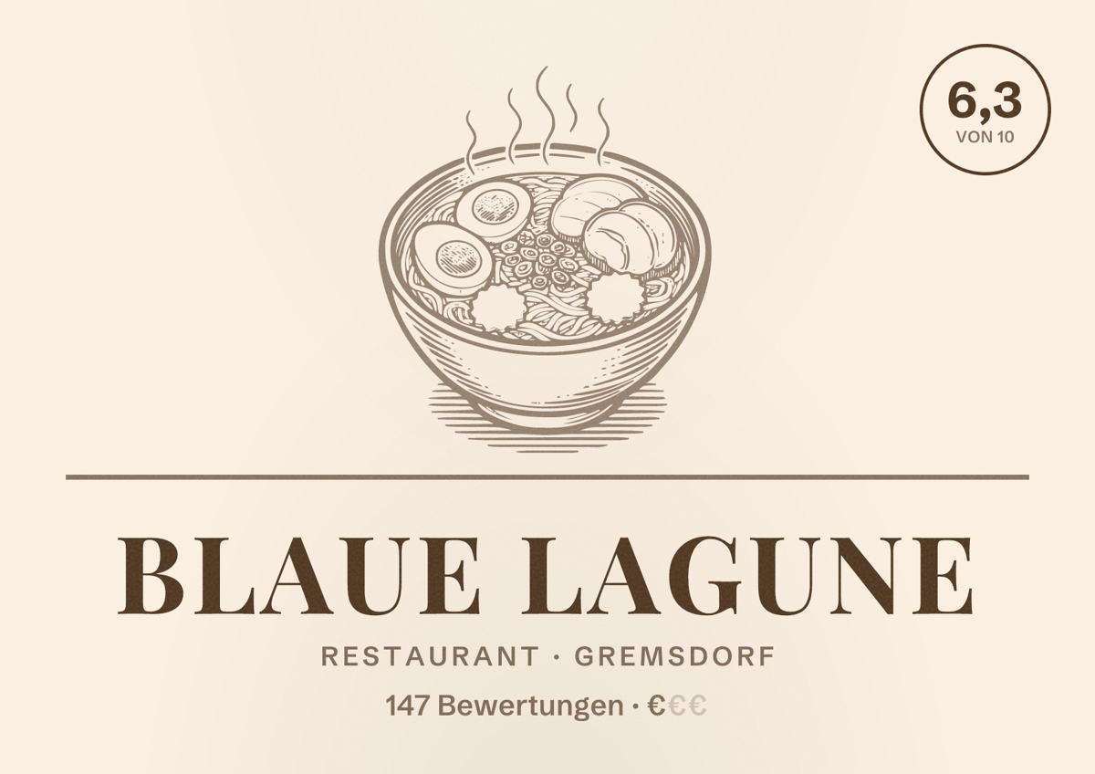 Illustriertes Poster von Blaue Lagune, Restaurant in Gremsdorf: Bewertung 6,3 von 10 aus 147 Bewertungen, Preisniveau €
