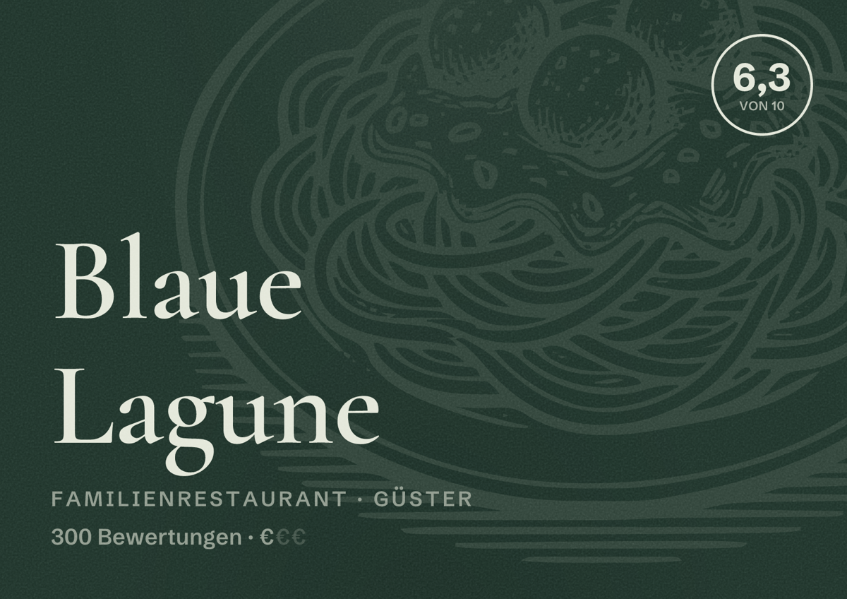 Illustriertes Poster von Blaue Lagune, Familienrestaurant in Güster: Bewertung 6,3 von 10 aus 300 Bewertungen, Preisniveau €