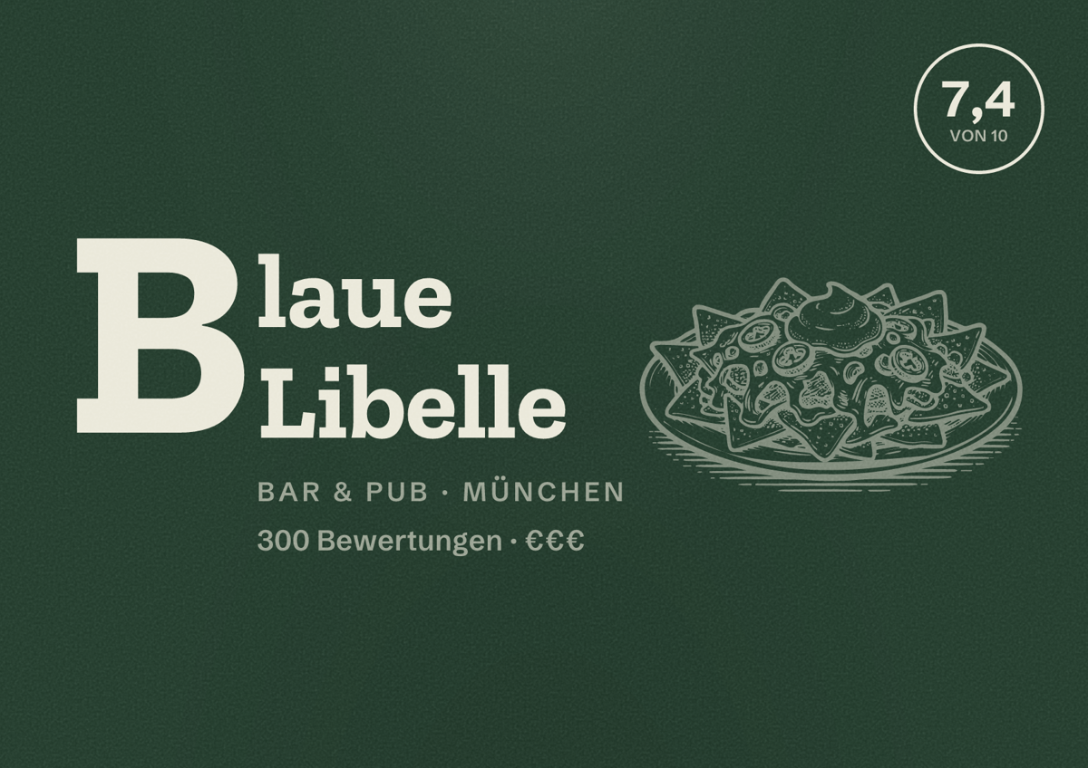 Illustriertes Poster von Blaue Libelle, Bar & Pub in München: Bewertung 7,4 von 10 aus 300 Bewertungen, Preisniveau €€€