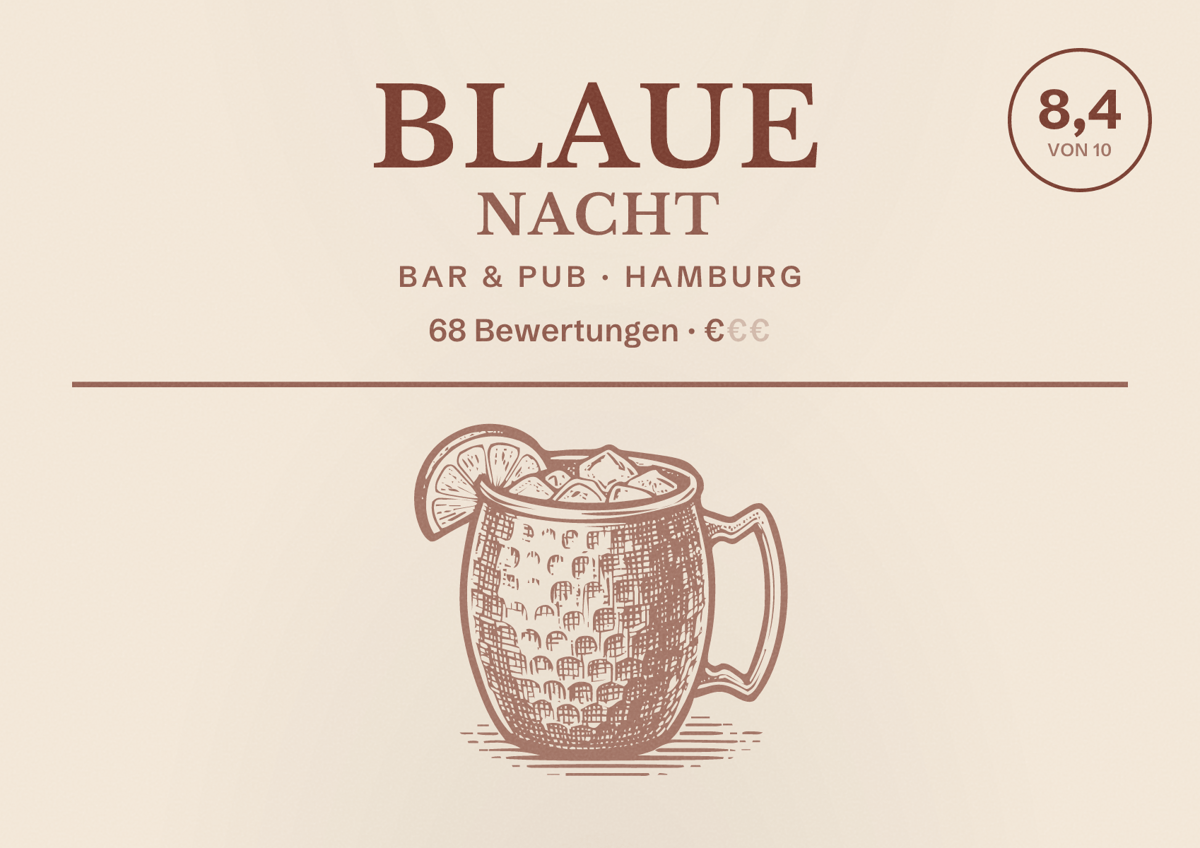 Illustriertes Poster von Blaue Nacht, Bar & Pub in Hamburg: Bewertung 8,4 von 10 aus 68 Bewertungen, Preisniveau €
