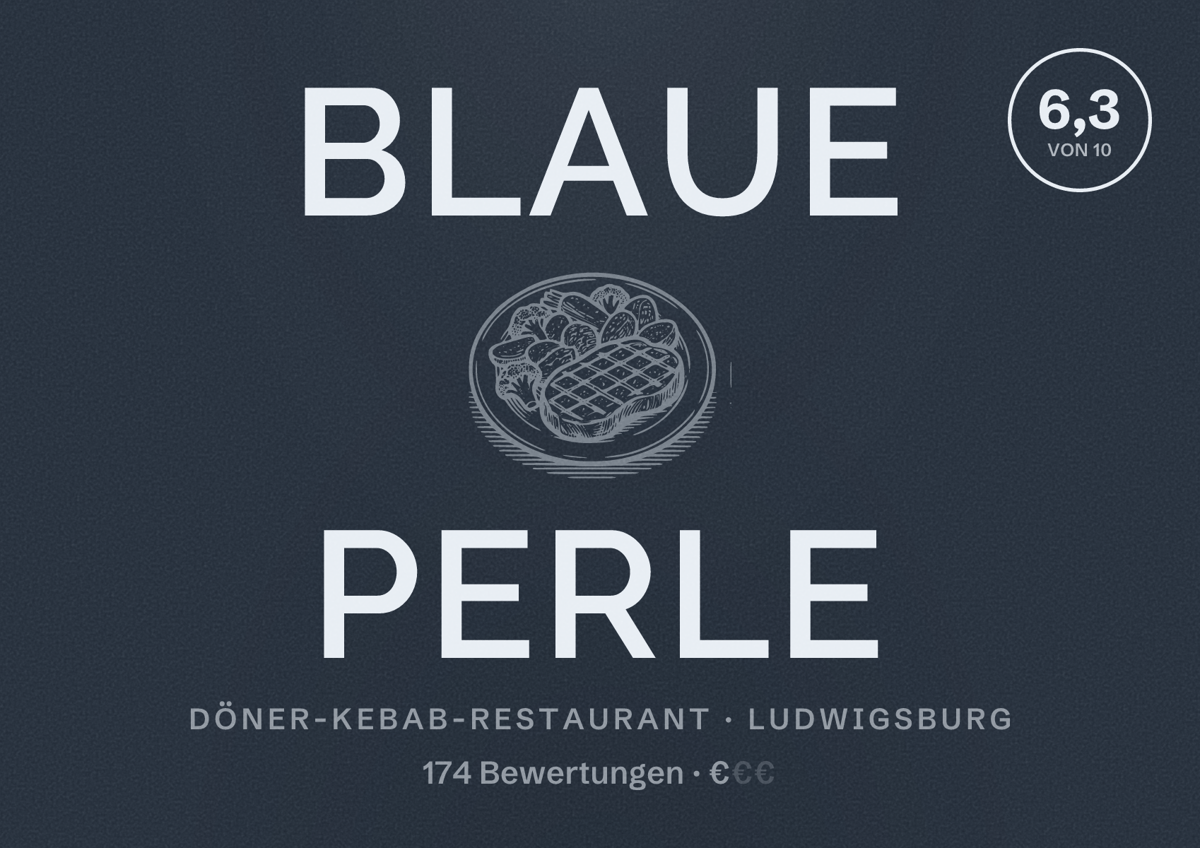 Illustriertes Poster von Blaue Perle, Döner-Kebab-Restaurant in Ludwigsburg: Bewertung 6,3 von 10 aus 174 Bewertungen, Preisniveau €