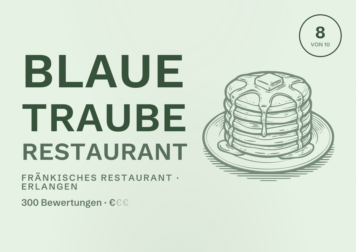 Illustriertes Poster von Blaue Traube Restaurant, Fränkisches Restaurant in Erlangen: Bewertung 8 von 10 aus 300 Bewertungen, Preisniveau €