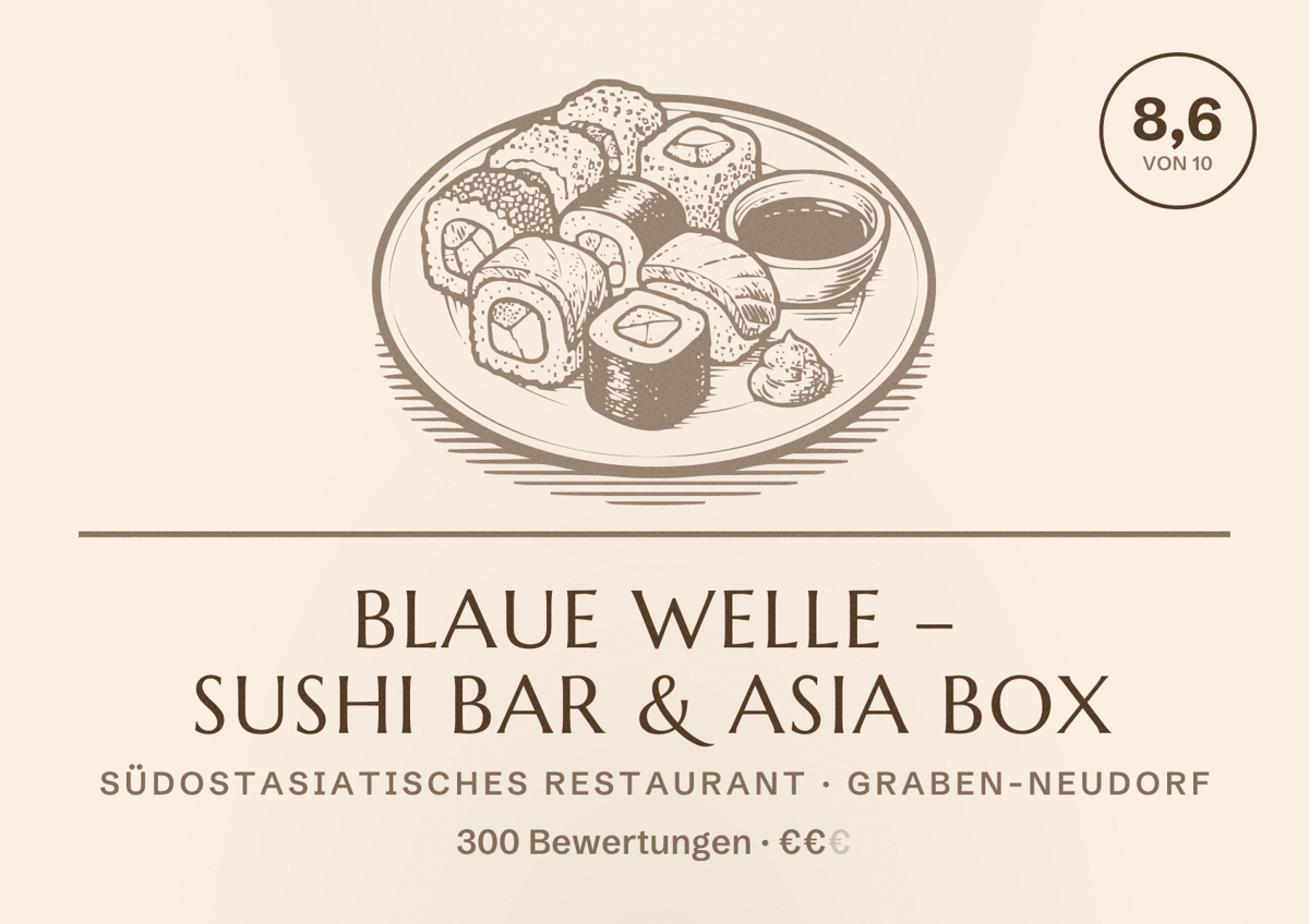 Illustriertes Poster von Blaue Welle – Sushi Bar & Asia Box, Südostasiatisches Restaurant in Graben-Neudorf: Bewertung 8,6 von 10 aus 300 Bewertungen, Preisniveau €€
