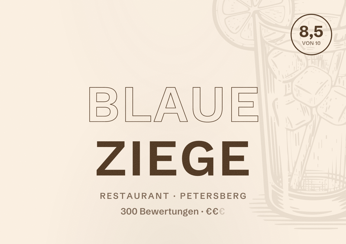 Illustriertes Poster von Blaue Ziege, Restaurant in Petersberg: Bewertung 8,5 von 10 aus 300 Bewertungen, Preisniveau €€