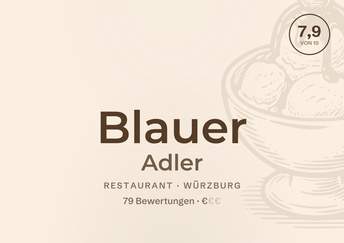 Illustriertes Poster von Blauer Adler, Restaurant in Würzburg: Bewertung 7,9 von 10 aus 79 Bewertungen, Preisniveau €
