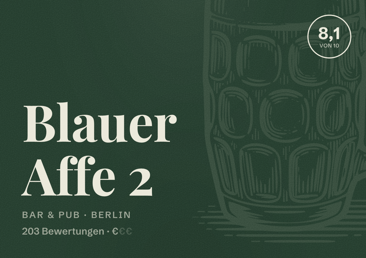 Illustriertes Poster von Blauer Affe 2, Bar & Pub in Berlin: Bewertung 8,1 von 10 aus 203 Bewertungen, Preisniveau €