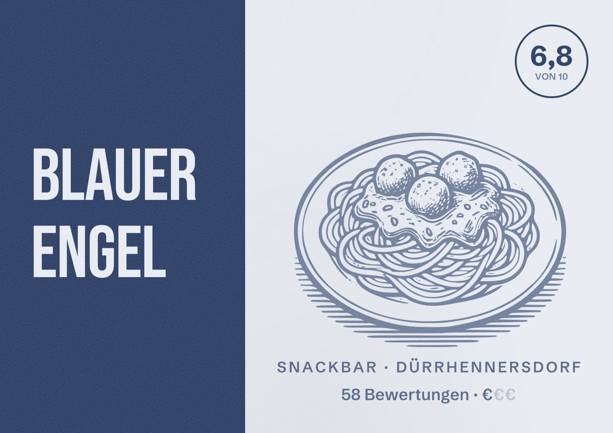 Illustriertes Poster von Blauer Engel, Snackbar in Dürrhennersdorf: Bewertung 6,8 von 10 aus 58 Bewertungen, Preisniveau €