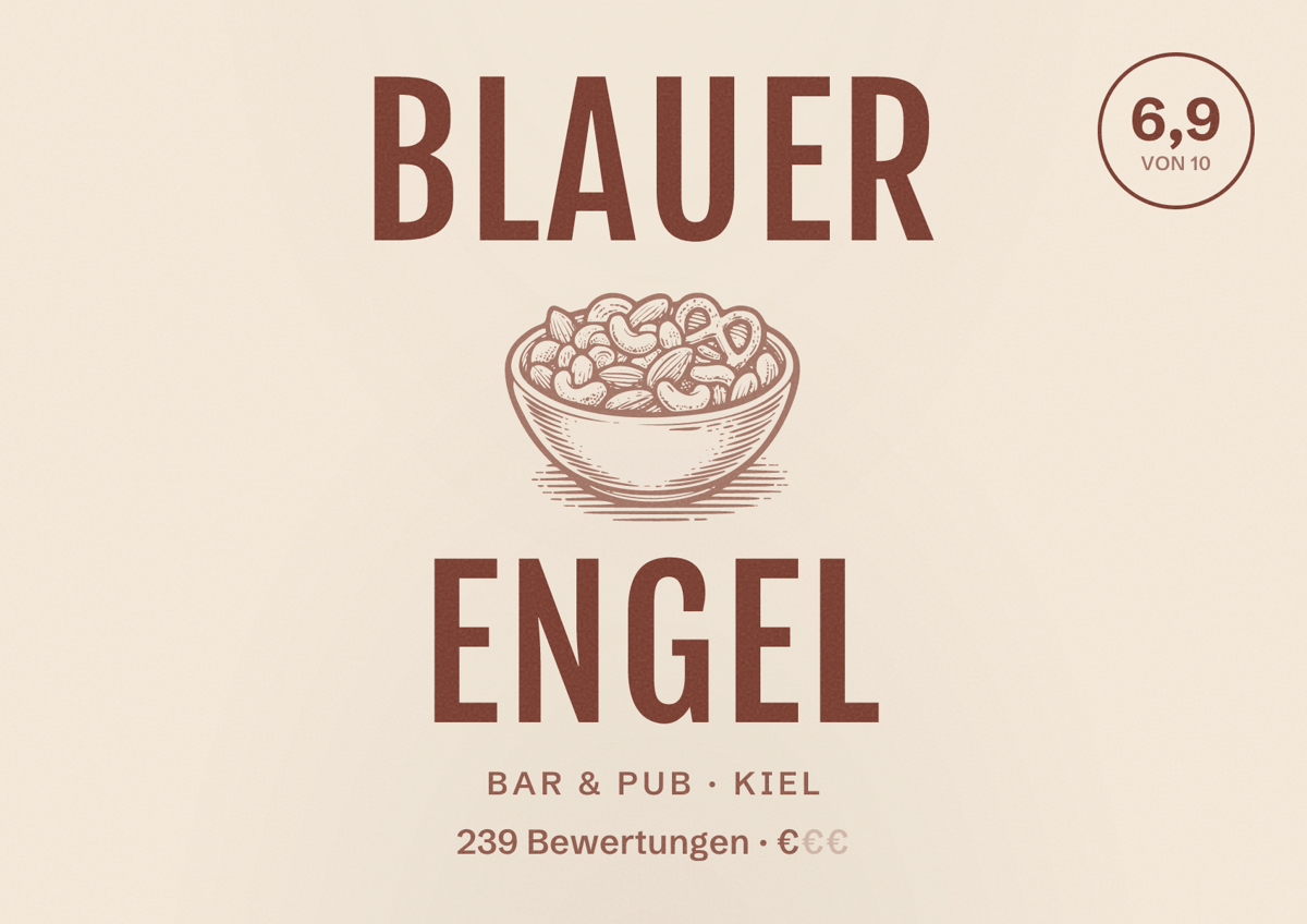 Illustriertes Poster von Blauer Engel, Bar & Pub in Kiel: Bewertung 6,9 von 10 aus 239 Bewertungen, Preisniveau €