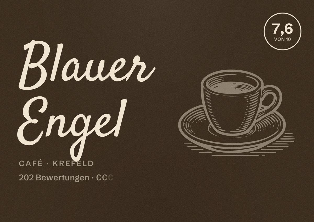 Illustriertes Poster von Blauer Engel, Café in Krefeld: Bewertung 7,6 von 10 aus 202 Bewertungen, Preisniveau €€