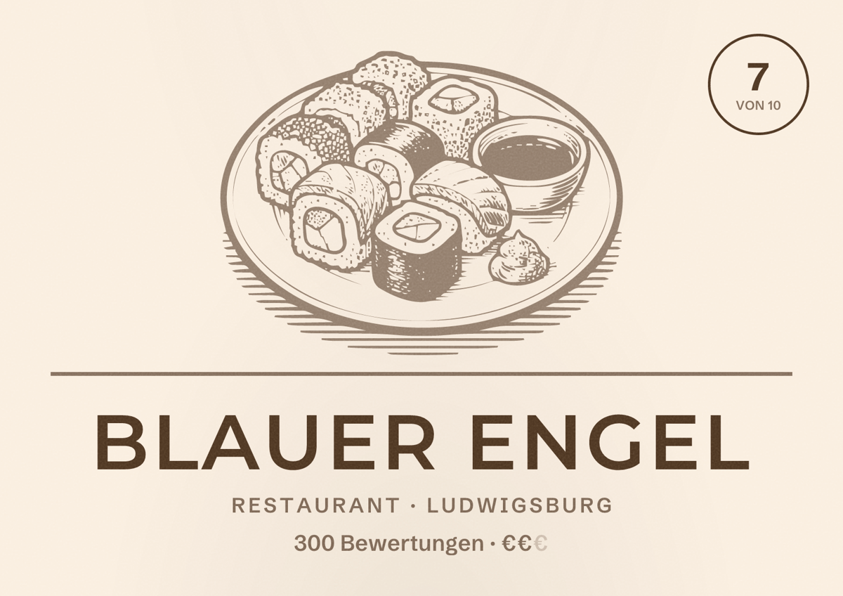 Illustriertes Poster von Blauer Engel, Restaurant in Ludwigsburg: Bewertung 7 von 10 aus 300 Bewertungen, Preisniveau €€