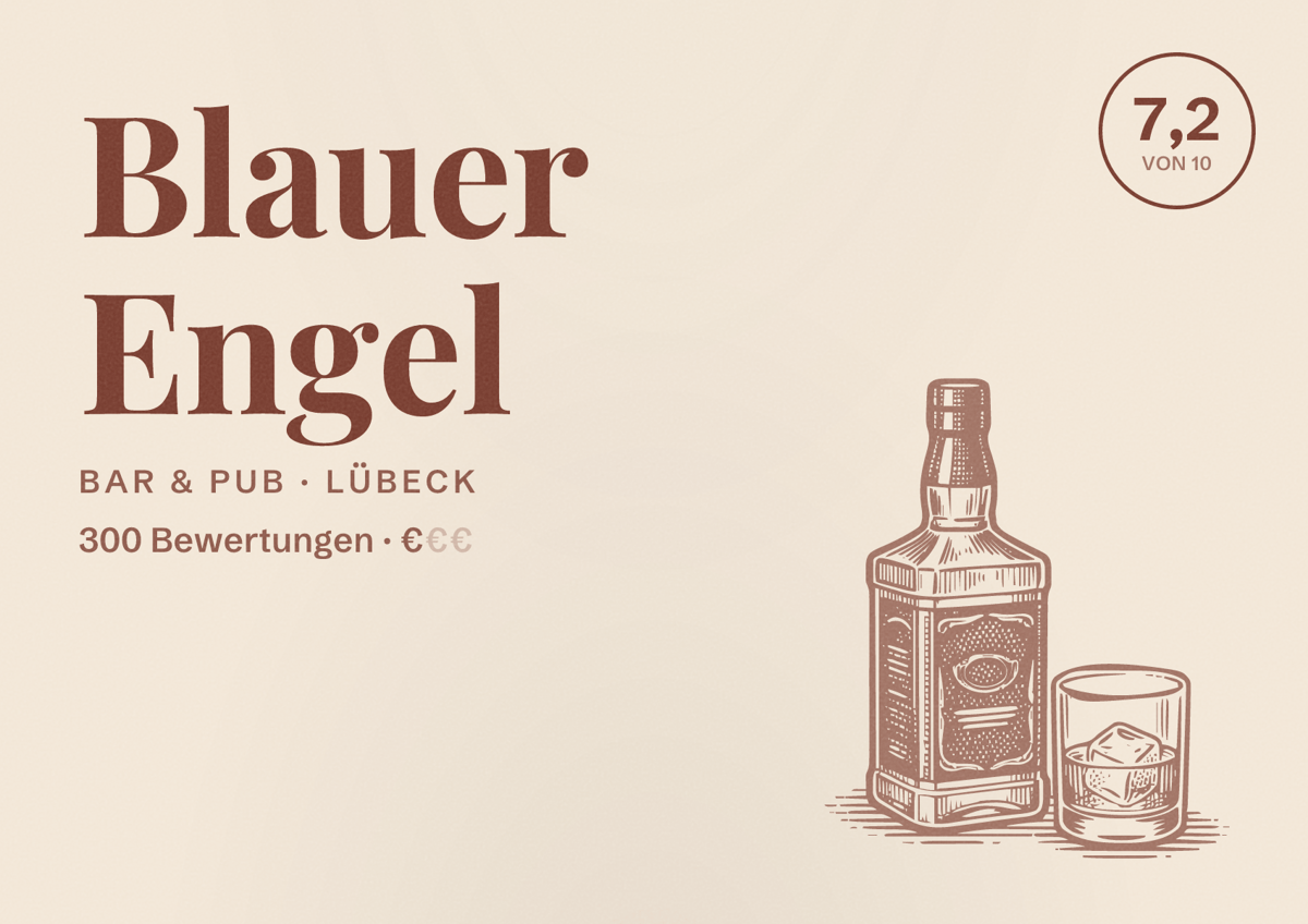 Illustriertes Poster von Blauer Engel, Bar & Pub in Lübeck: Bewertung 7,2 von 10 aus 300 Bewertungen, Preisniveau €