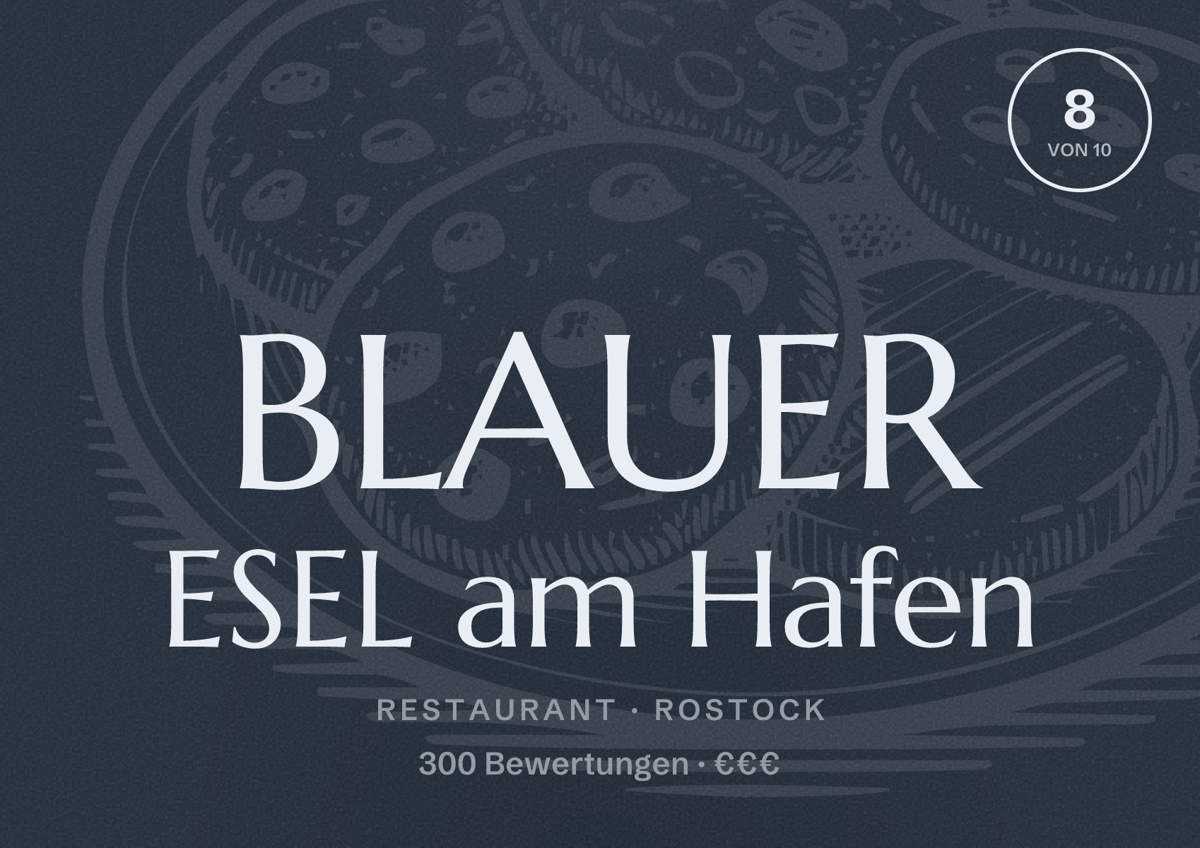 Illustriertes Poster von BLAUER ESEL am Hafen, Restaurant in Rostock: Bewertung 8 von 10 aus 300 Bewertungen, Preisniveau €€€