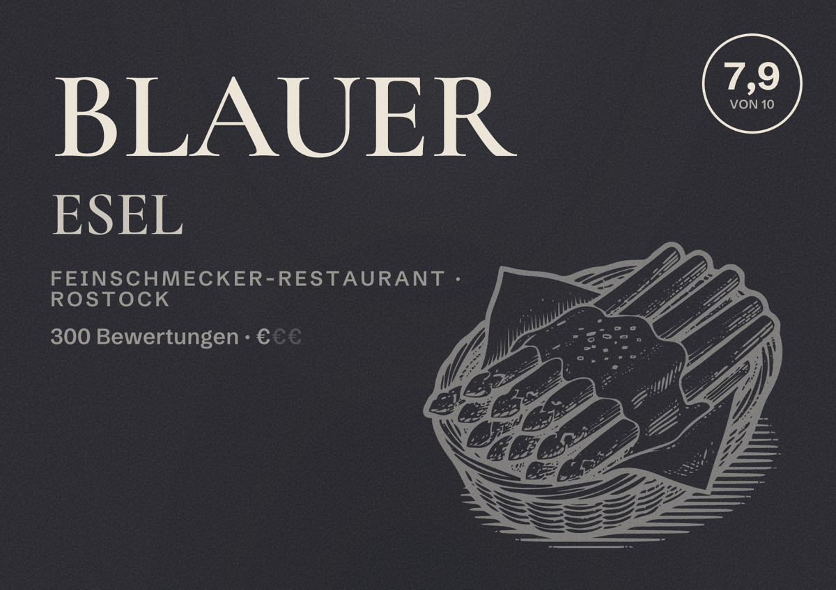 Illustriertes Poster von BLAUER ESEL, Feinschmecker-Restaurant in Rostock: Bewertung 7,9 von 10 aus 300 Bewertungen, Preisniveau €