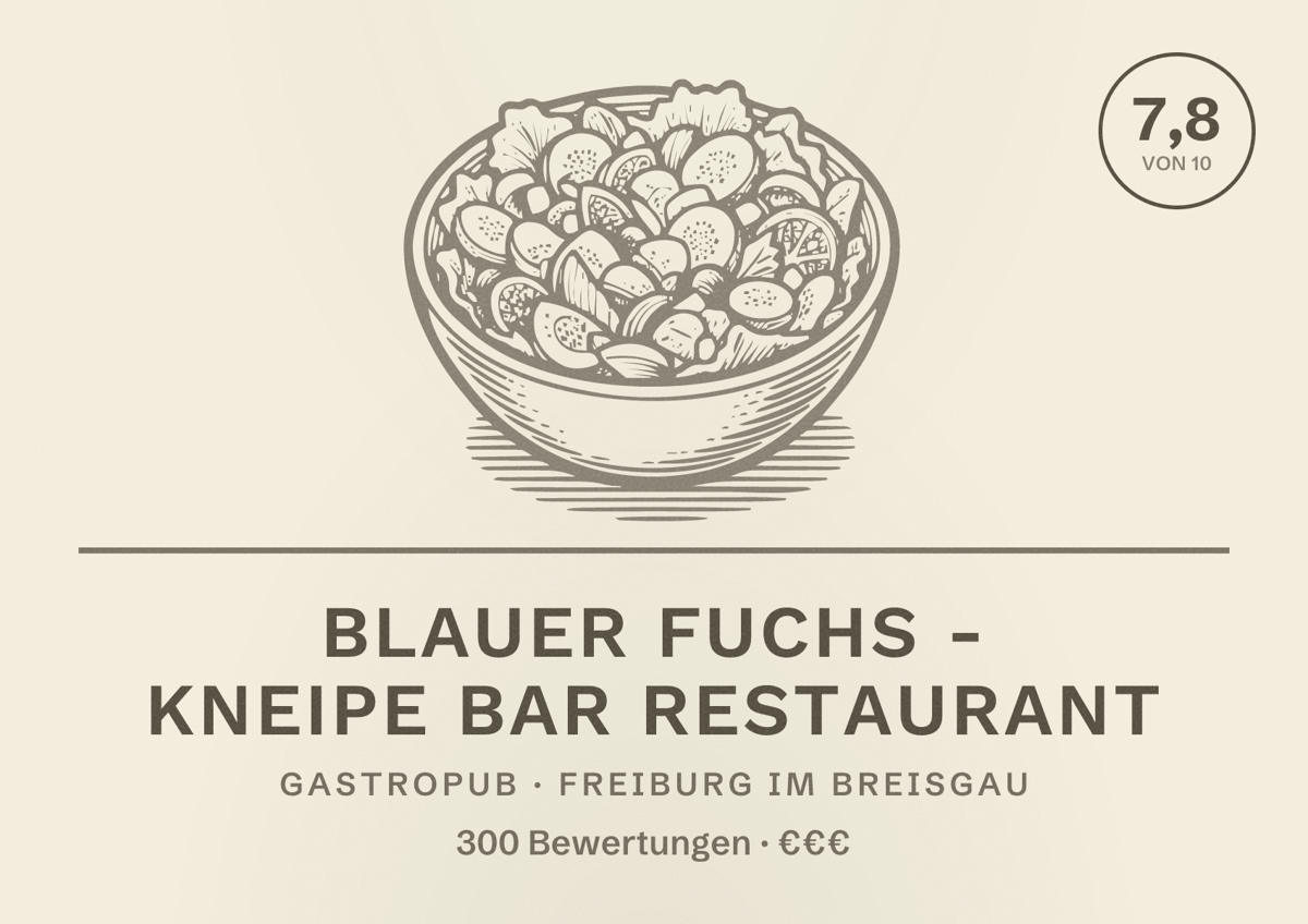 Illustriertes Poster von Blauer Fuchs - Kneipe Bar Restaurant, Gastropub in Freiburg im Breisgau: Bewertung 7,8 von 10 aus 300 Bewertungen, Preisniveau €€€
