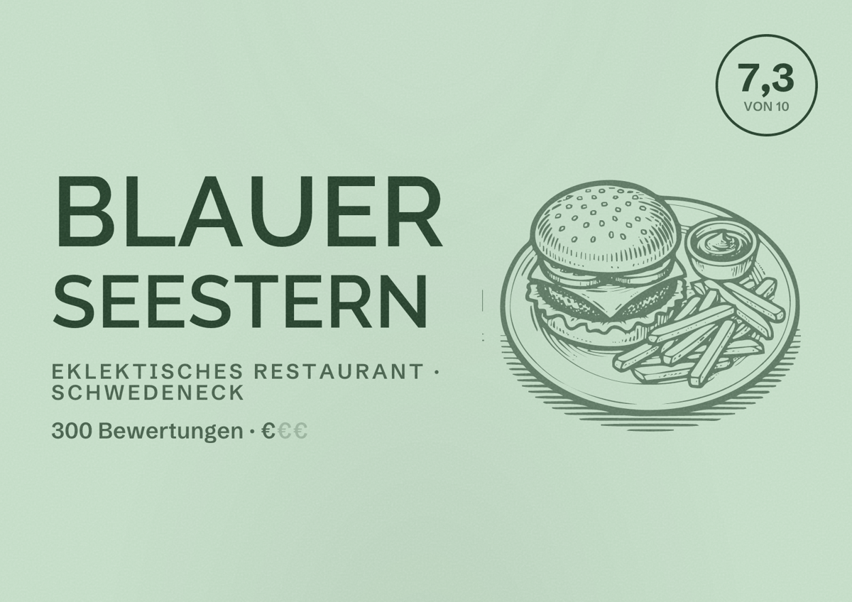 Illustriertes Poster von Blauer Seestern, Eklektisches Restaurant in Schwedeneck: Bewertung 7,3 von 10 aus 300 Bewertungen, Preisniveau €