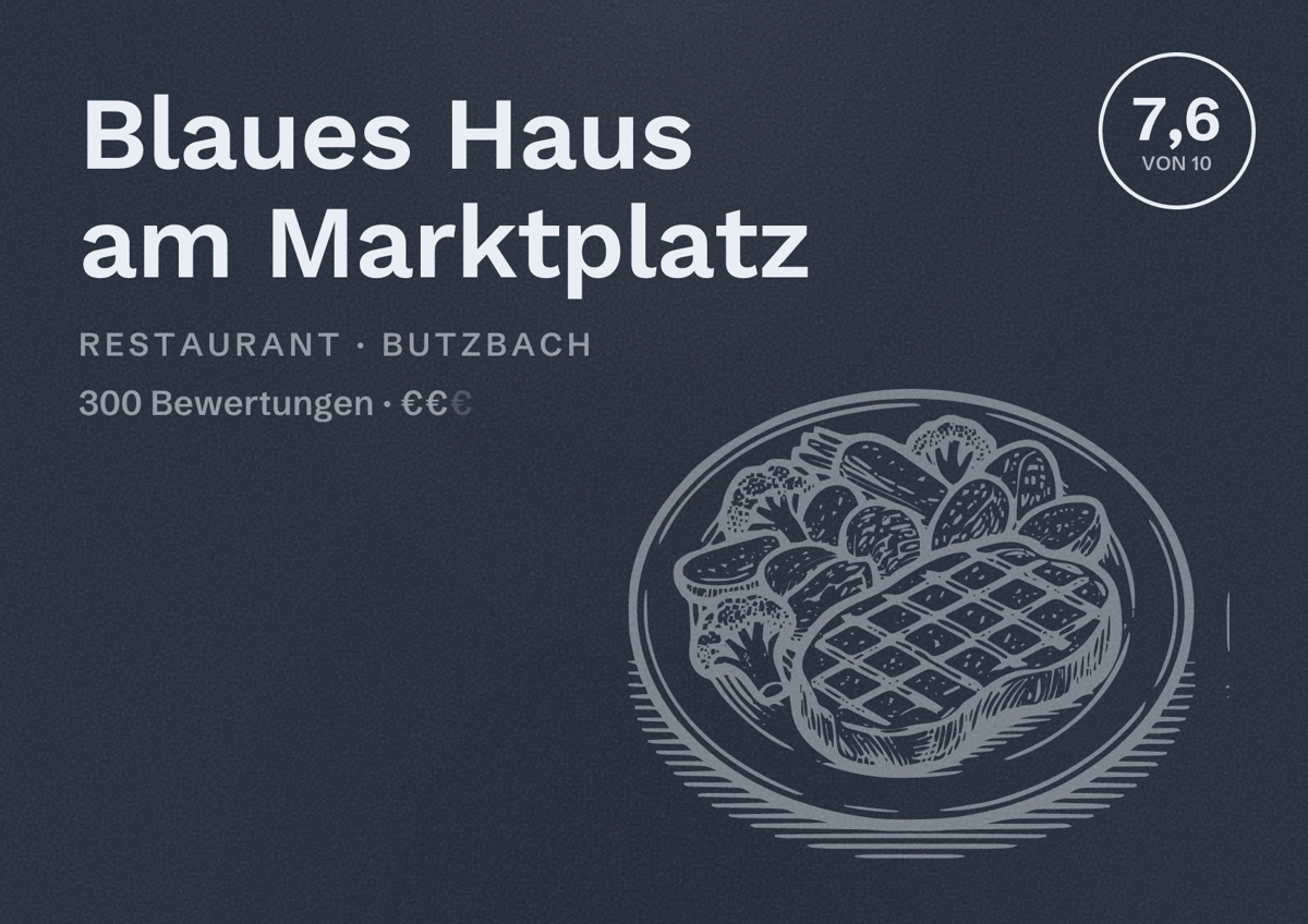 Illustriertes Poster von Blaues Haus am Marktplatz, Restaurant in Butzbach: Bewertung 7,6 von 10 aus 300 Bewertungen, Preisniveau €€