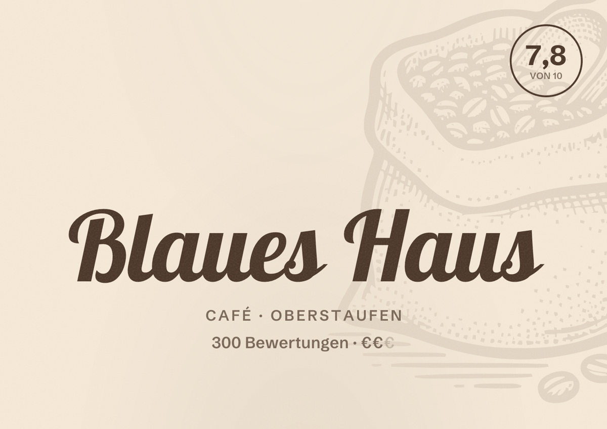 Illustriertes Poster von Blaues Haus, Café in Oberstaufen: Bewertung 7,8 von 10 aus 300 Bewertungen, Preisniveau €€