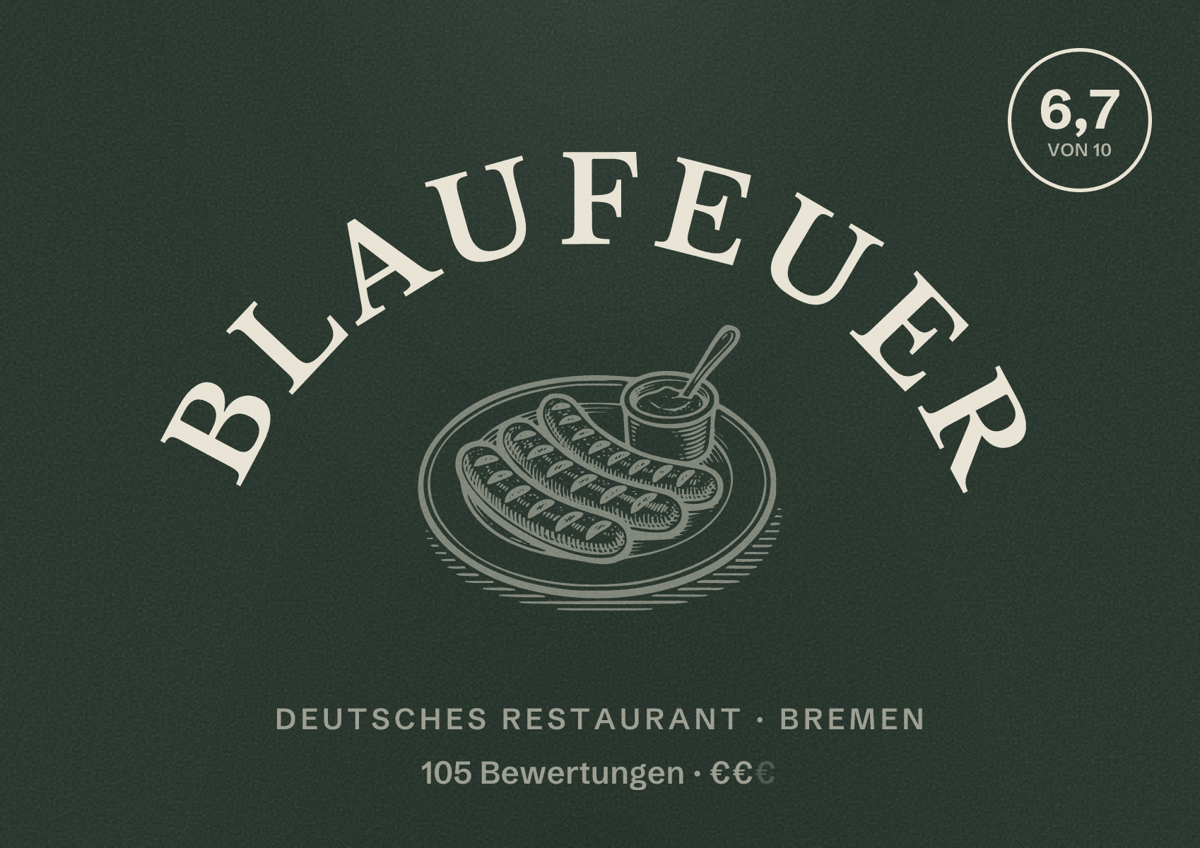 Illustriertes Poster von Blaufeuer, Deutsches Restaurant in Bremen: Bewertung 6,7 von 10 aus 105 Bewertungen, Preisniveau €€