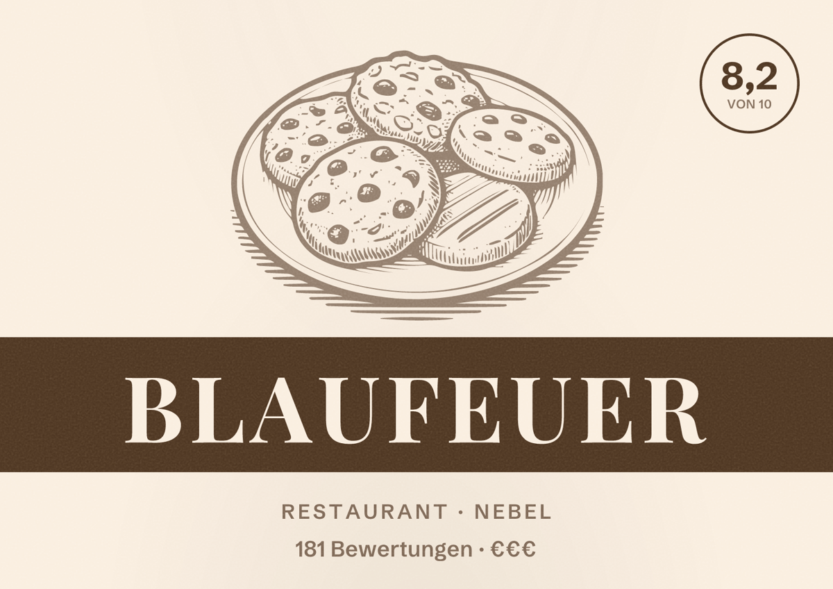 Illustriertes Poster von Blaufeuer, Restaurant in Nebel: Bewertung 8,2 von 10 aus 181 Bewertungen, Preisniveau €€€