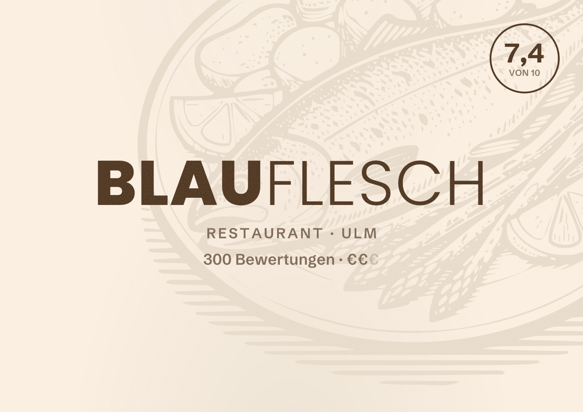 Illustriertes Poster von Blauflesch, Restaurant in Ulm: Bewertung 7,4 von 10 aus 300 Bewertungen, Preisniveau €€