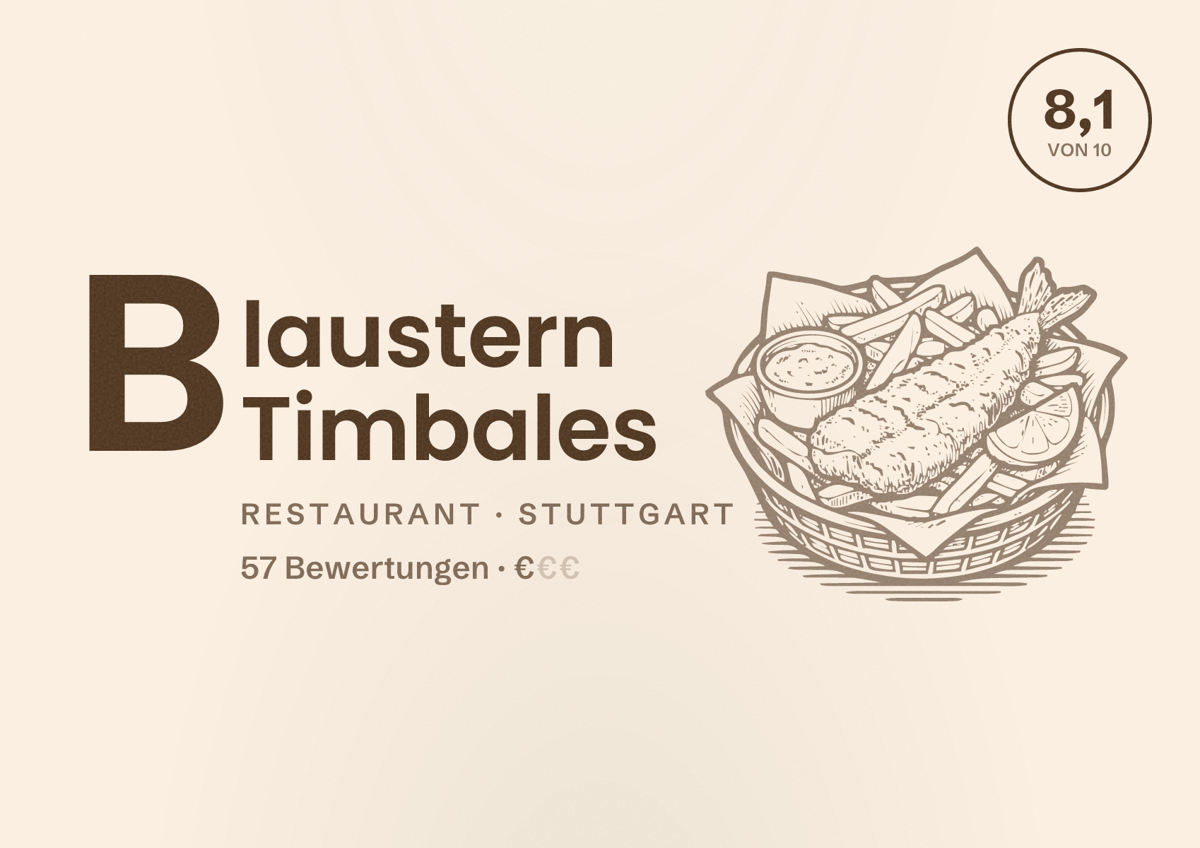 Illustriertes Poster von Blaustern Timbales, Restaurant in Stuttgart: Bewertung 8,1 von 10 aus 57 Bewertungen, Preisniveau €
