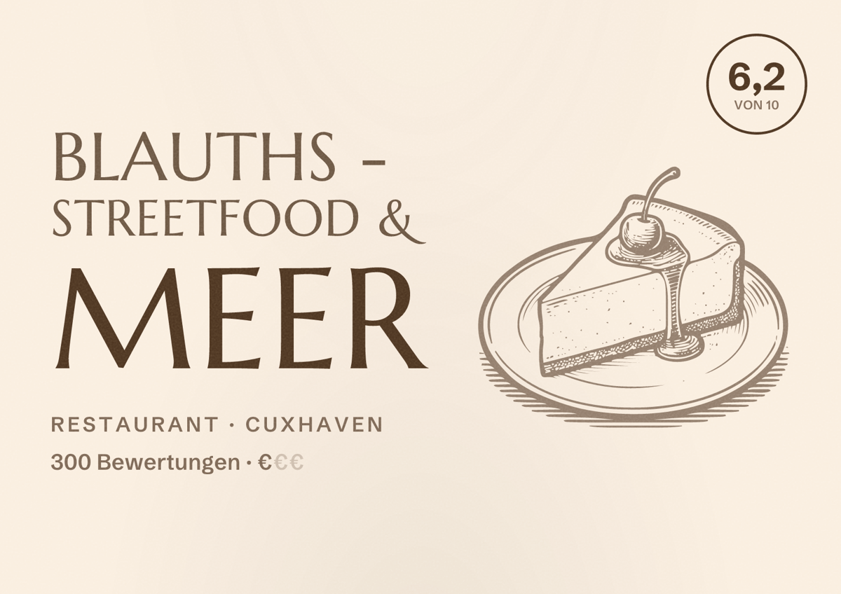 Illustriertes Poster von Blauths - Streetfood & Meer, Restaurant in Cuxhaven: Bewertung 6,2 von 10 aus 300 Bewertungen, Preisniveau €