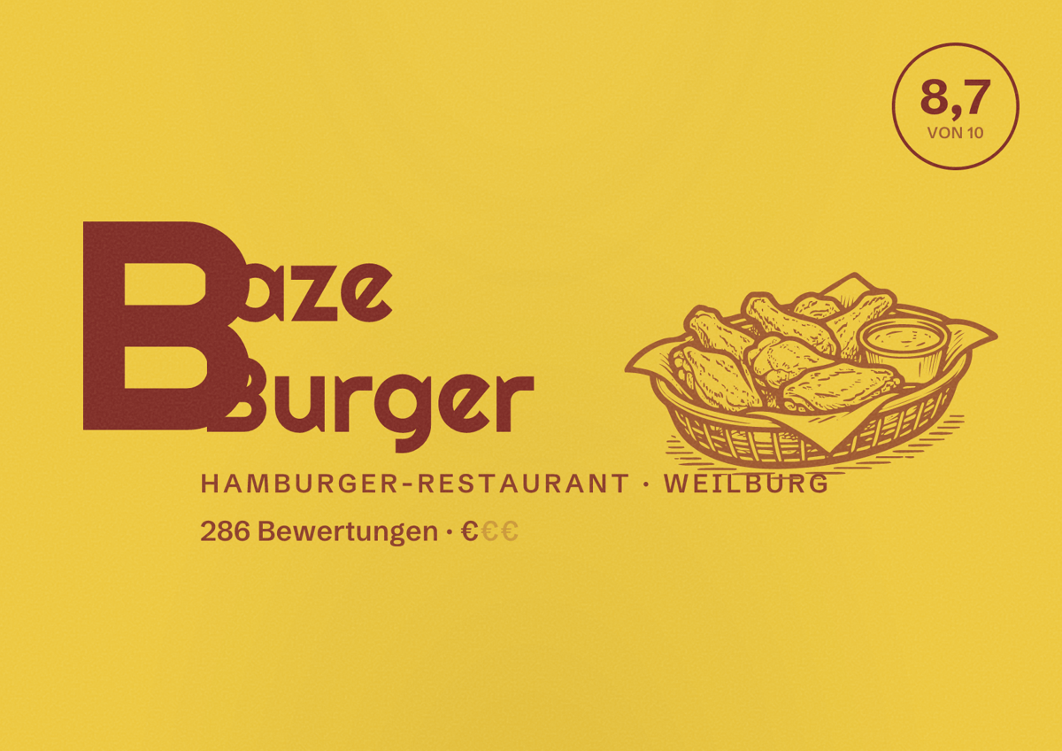 Illustriertes Poster von Blaze Burger, Hamburger-Restaurant in Weilburg: Bewertung 8,7 von 10 aus 286 Bewertungen, Preisniveau €