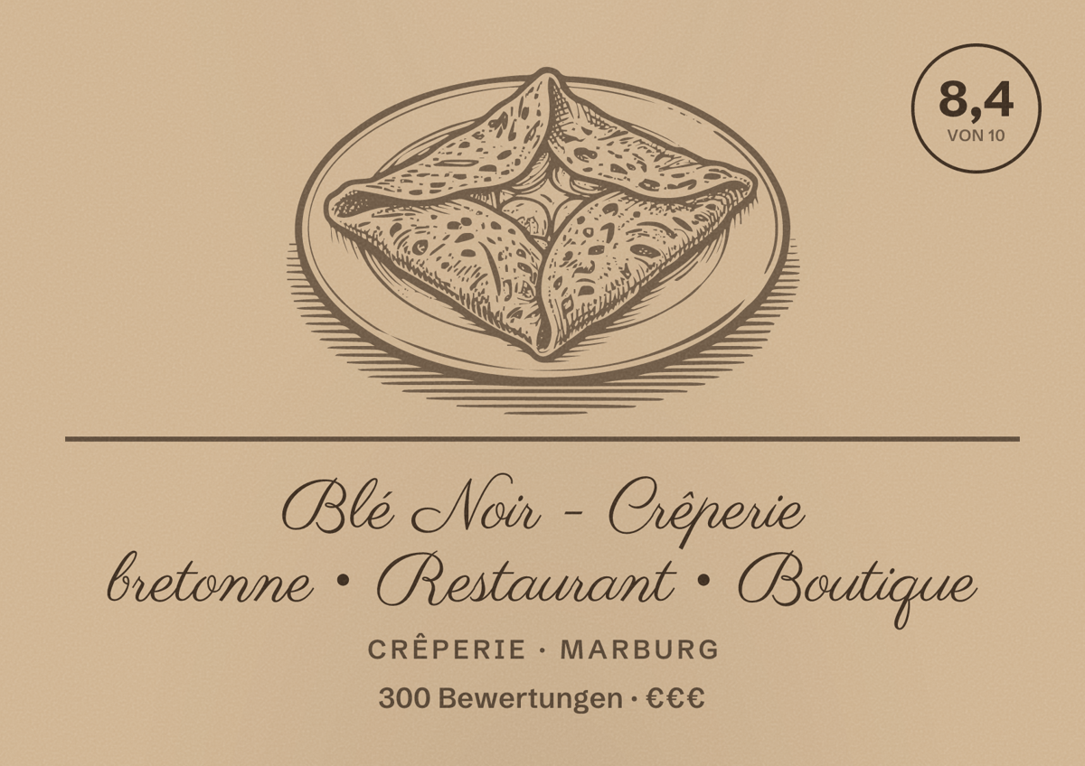 Illustriertes Poster von Blé Noir - Crêperie bretonne • Restaurant • Boutique, Crêperie in Marburg: Bewertung 8,4 von 10 aus 300 Bewertungen, Preisniveau €€€
