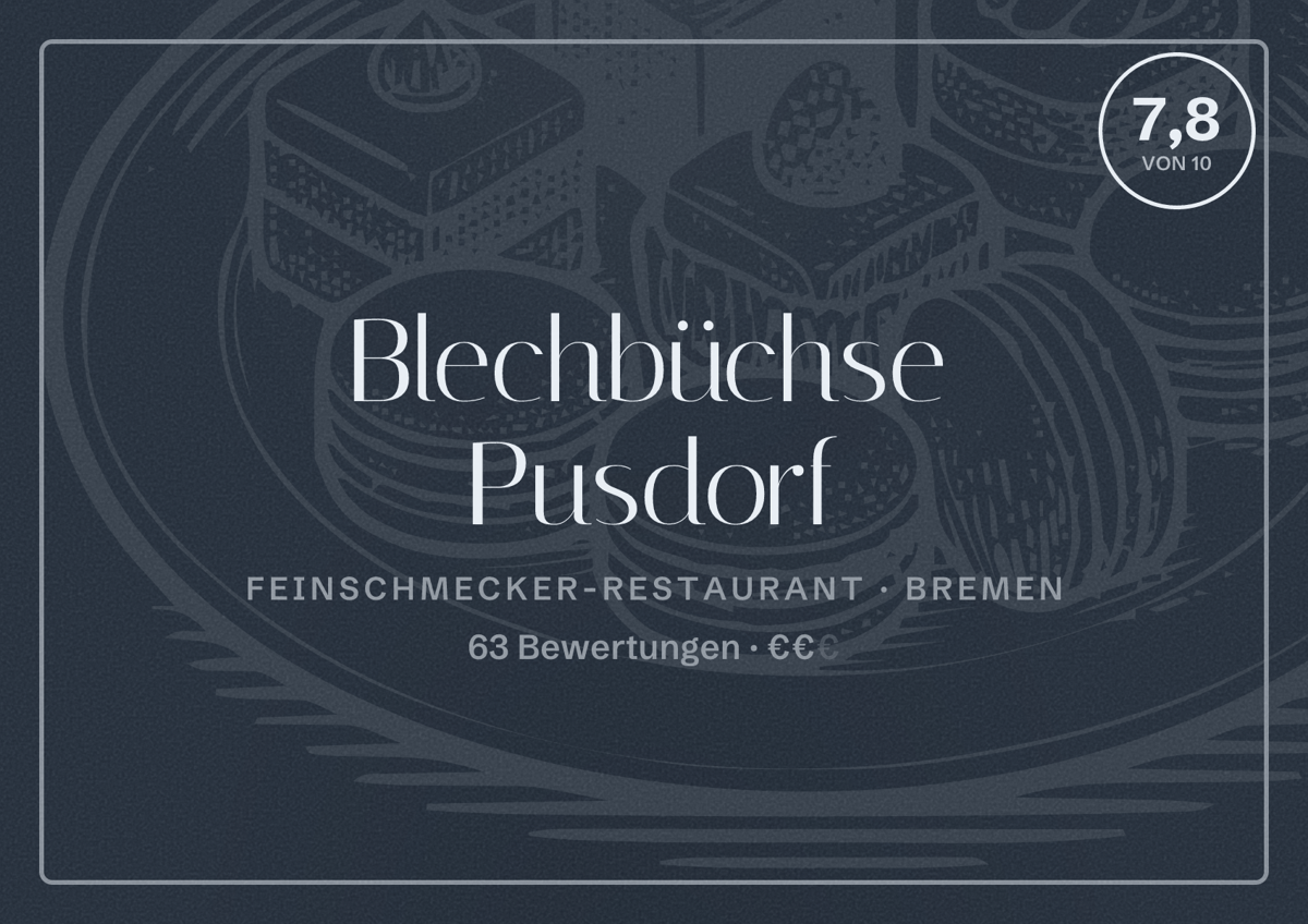 Illustriertes Poster von Blechbüchse Pusdorf, Feinschmecker-Restaurant in Bremen: Bewertung 7,8 von 10 aus 63 Bewertungen, Preisniveau €€