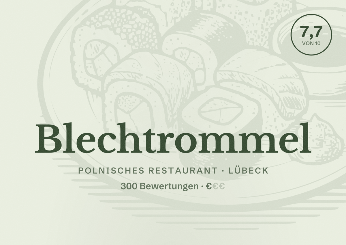 Illustriertes Poster von Blechtrommel, Polnisches Restaurant in Lübeck: Bewertung 7,7 von 10 aus 300 Bewertungen, Preisniveau €
