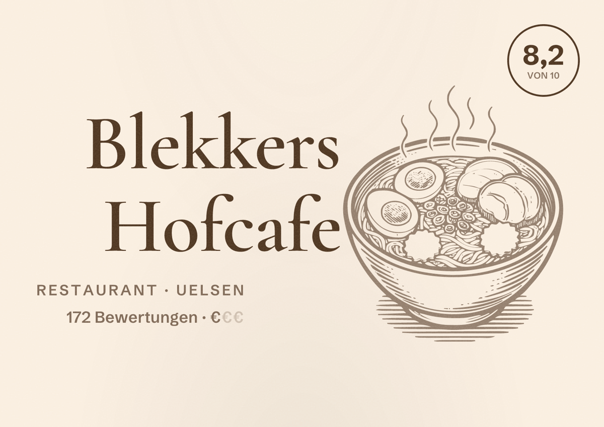 Illustriertes Poster von Blekkers Hofcafe, Restaurant in Uelsen: Bewertung 8,2 von 10 aus 172 Bewertungen, Preisniveau €