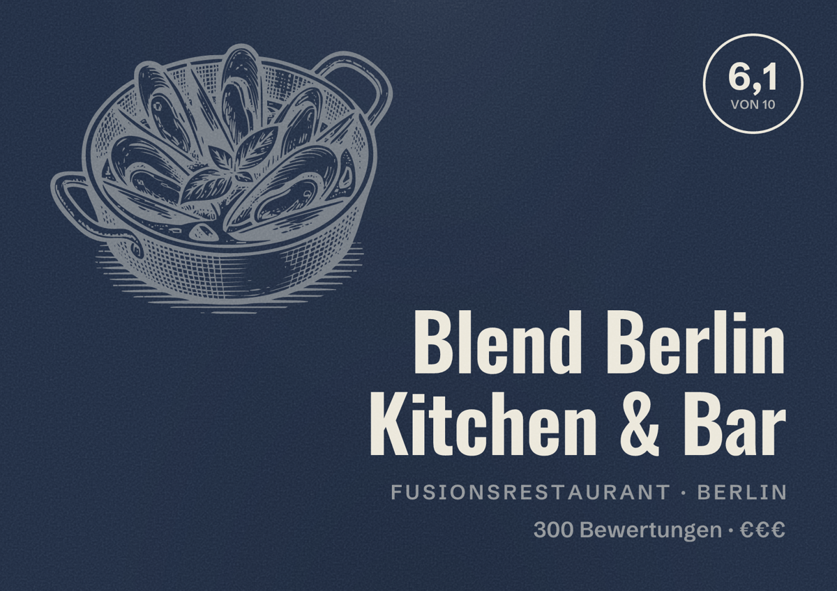 Illustriertes Poster von Blend Berlin Kitchen & Bar, Fusionsrestaurant in Berlin: Bewertung 6,1 von 10 aus 300 Bewertungen, Preisniveau €€€