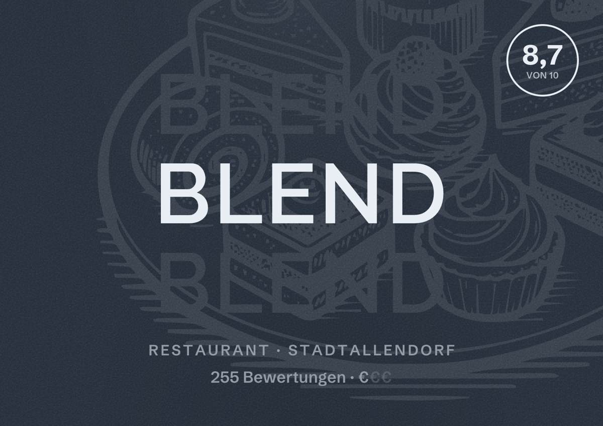 Illustriertes Poster von Blend, Restaurant in Stadtallendorf: Bewertung 8,7 von 10 aus 255 Bewertungen, Preisniveau €