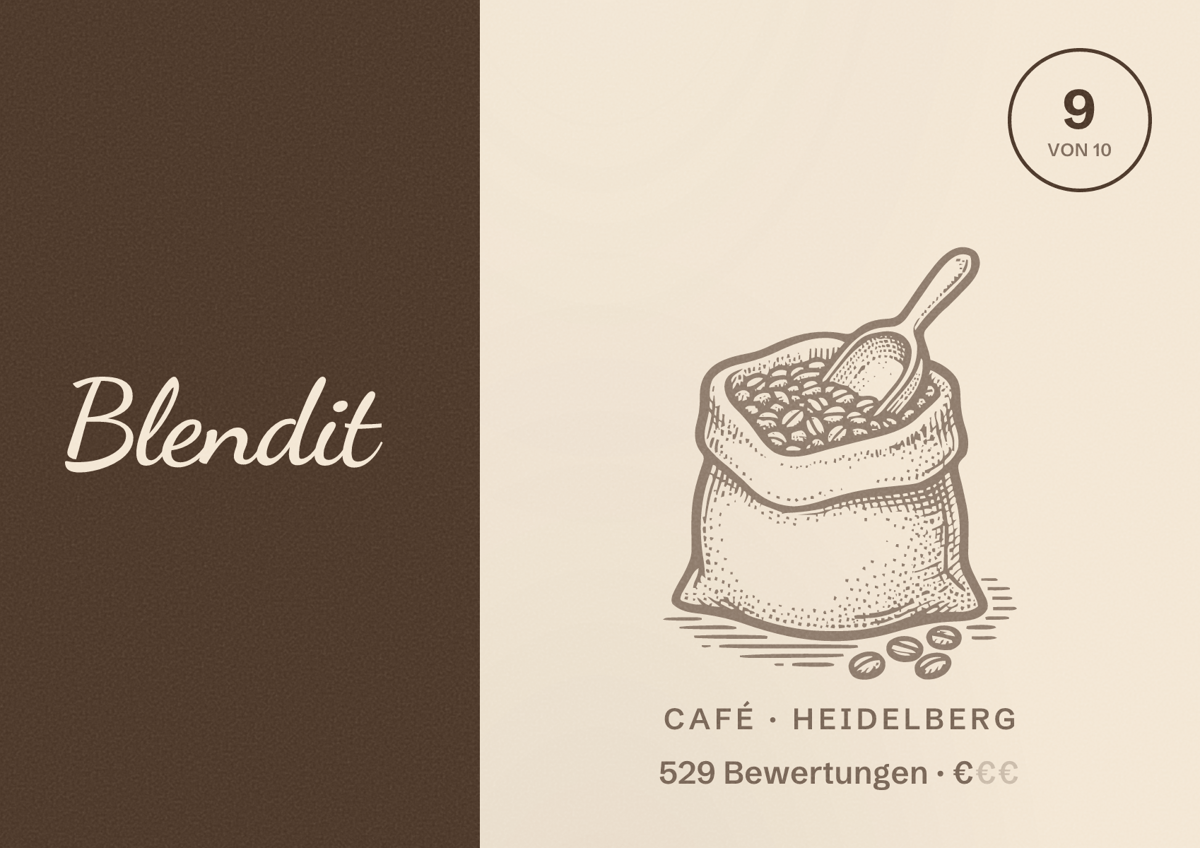 Illustriertes Poster von Blendit, Café in Heidelberg: Bewertung 9,0 von 10 aus 529 Bewertungen, Preisniveau €