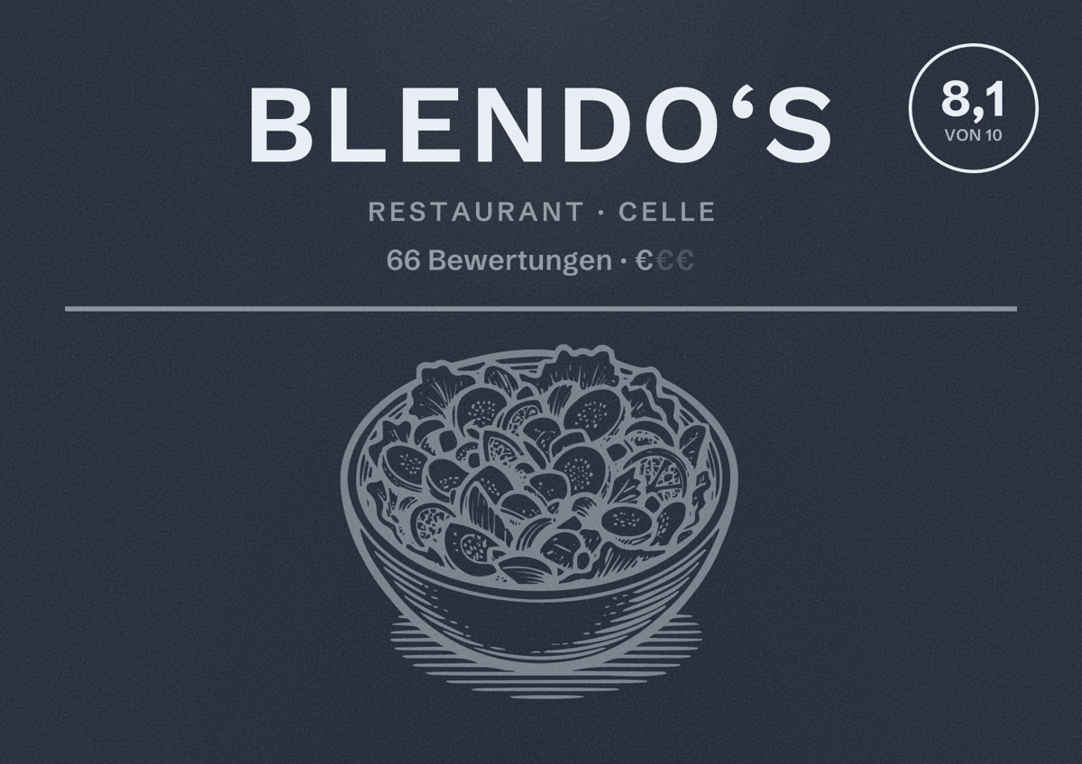 Illustriertes Poster von Blendo‘s, Restaurant in Celle: Bewertung 8,1 von 10 aus 66 Bewertungen, Preisniveau €