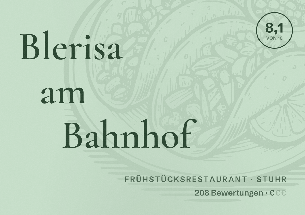 Illustriertes Poster von Blerisa am Bahnhof, Frühstücksrestaurant in Stuhr: Bewertung 8,1 von 10 aus 208 Bewertungen, Preisniveau €