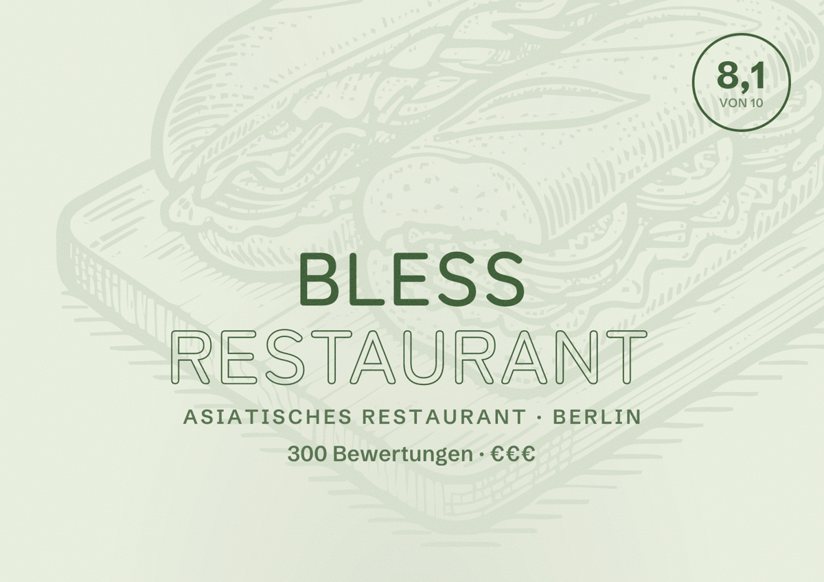 Illustriertes Poster von BLESS Restaurant, Asiatisches Restaurant in Berlin: Bewertung 8,1 von 10 aus 300 Bewertungen, Preisniveau €€€