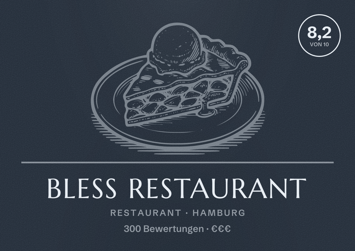 Illustriertes Poster von Bless Restaurant, Restaurant in Hamburg: Bewertung 8,2 von 10 aus 300 Bewertungen, Preisniveau €€€