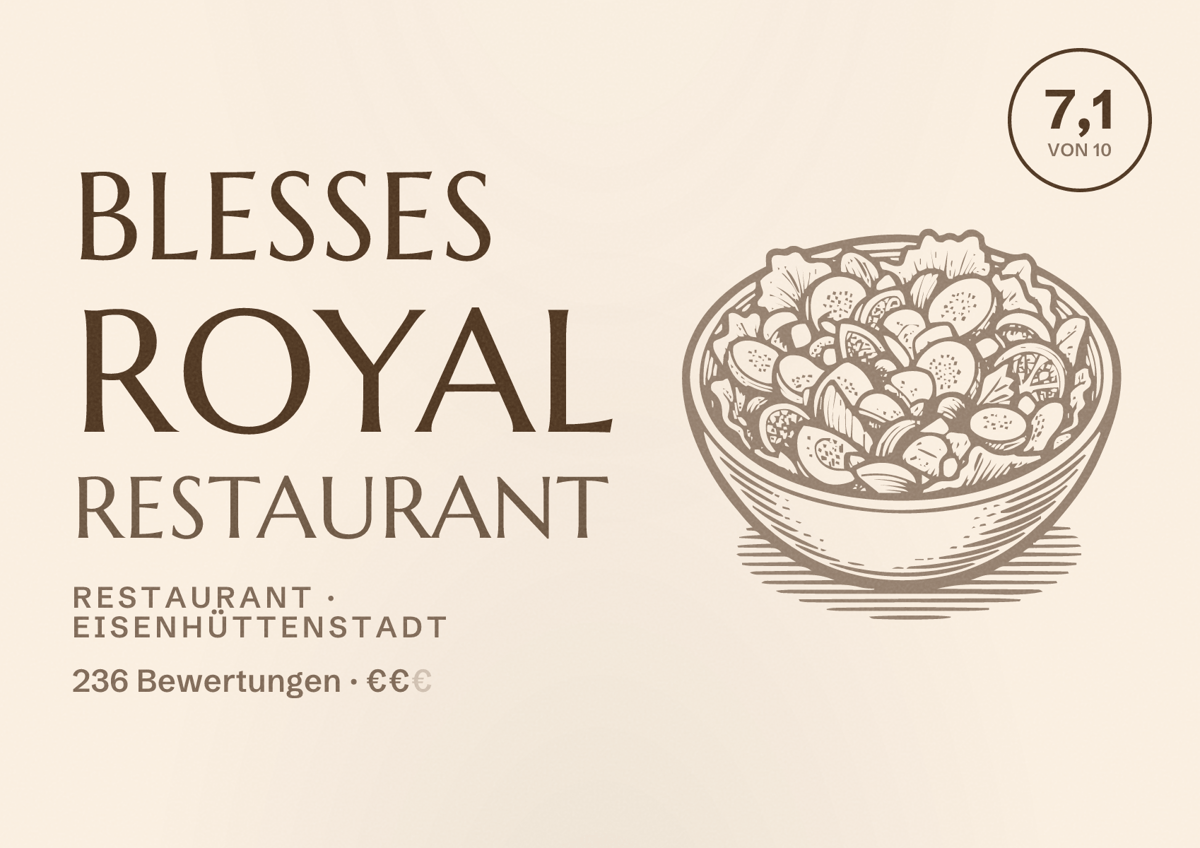 Illustriertes Poster von Blesses royal Restaurant, Restaurant in Eisenhüttenstadt: Bewertung 7,1 von 10 aus 236 Bewertungen, Preisniveau €€