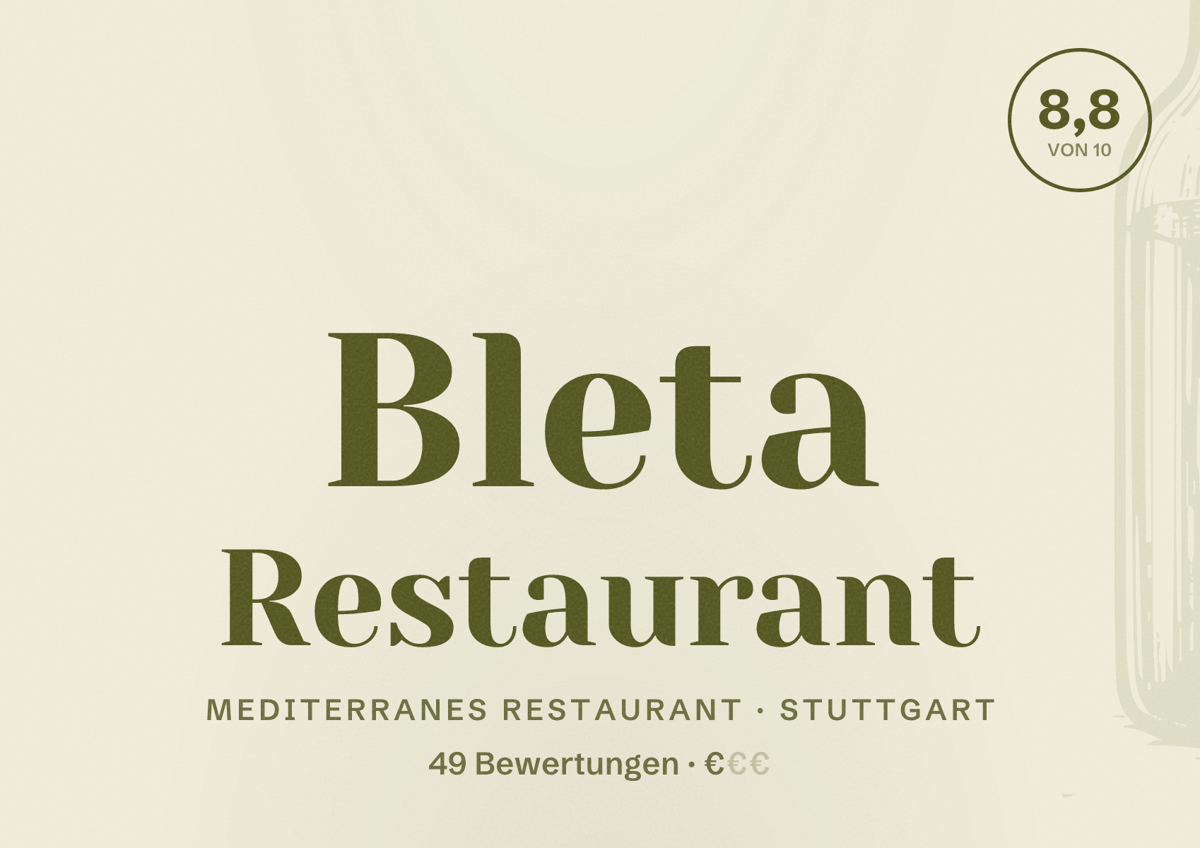 Illustriertes Poster von Bleta Restaurant, Mediterranes Restaurant in Stuttgart: Bewertung 8,8 von 10 aus 49 Bewertungen, Preisniveau €