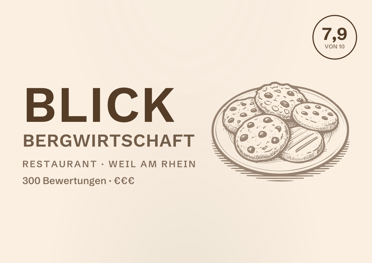 Illustriertes Poster von Blick Bergwirtschaft, Restaurant in Weil am Rhein: Bewertung 7,9 von 10 aus 300 Bewertungen, Preisniveau €€€