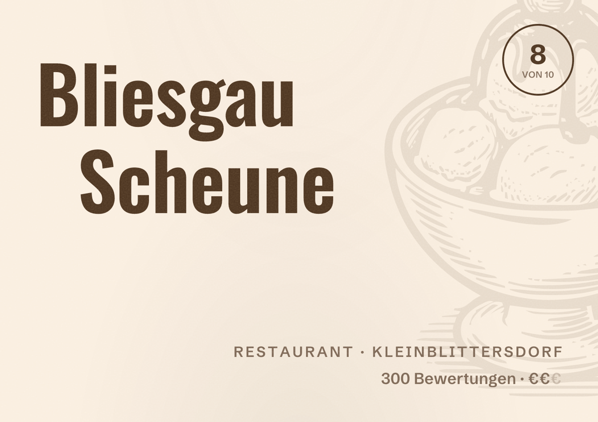 Illustriertes Poster von Bliesgau Scheune, Restaurant in Kleinblittersdorf: Bewertung 8 von 10 aus 300 Bewertungen, Preisniveau €€
