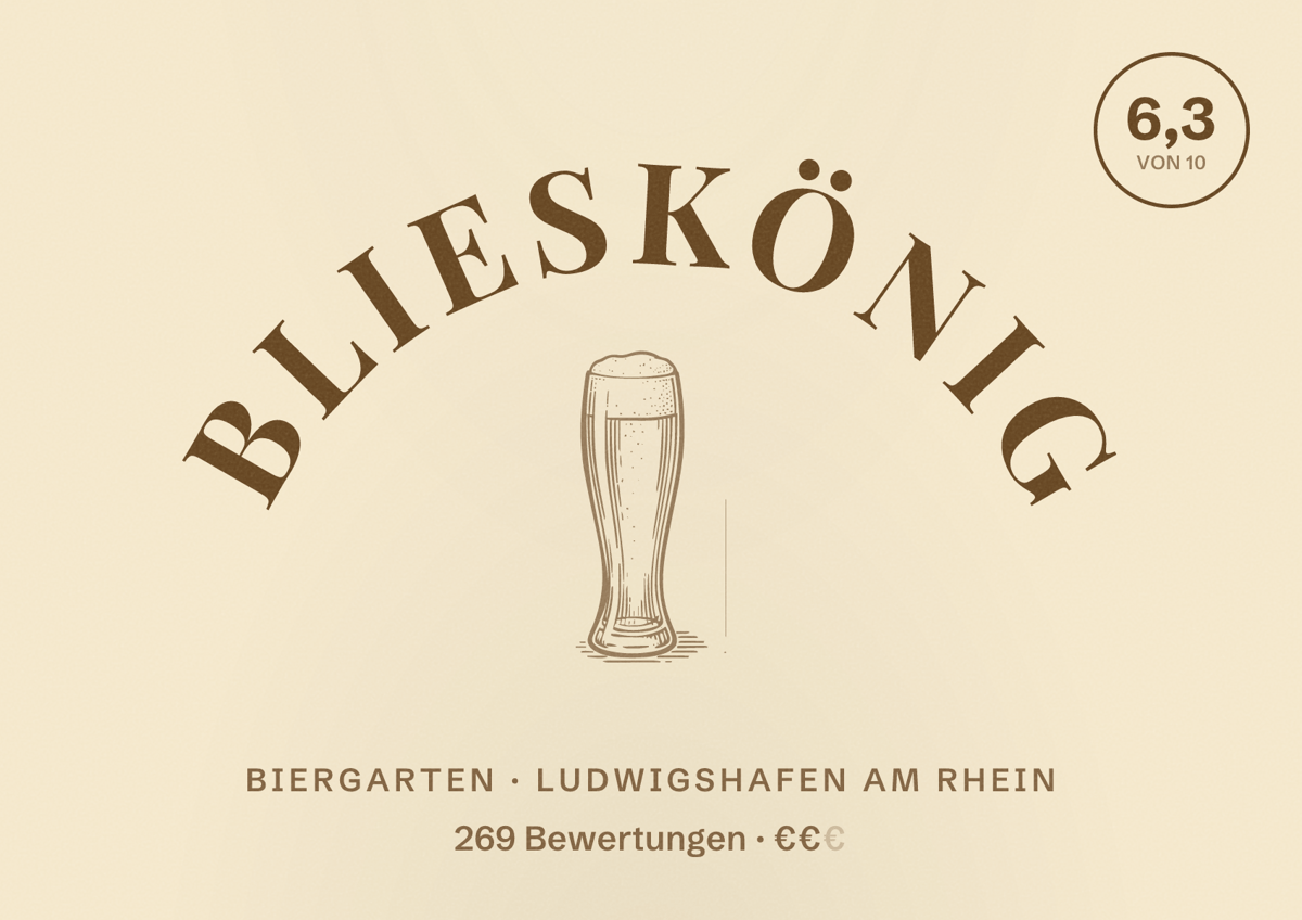 Illustriertes Poster von Blieskönig, Biergarten in Ludwigshafen am Rhein: Bewertung 6,3 von 10 aus 269 Bewertungen, Preisniveau €€