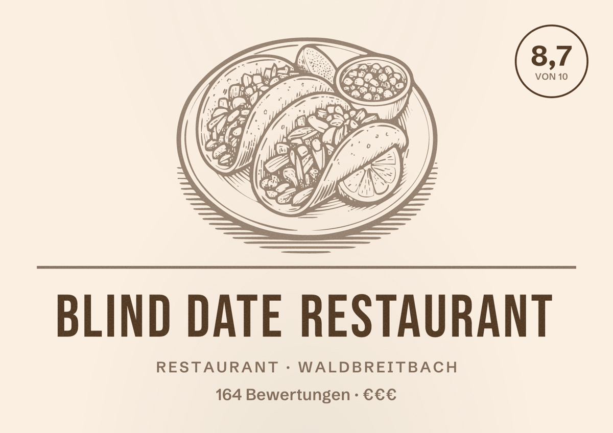 Illustriertes Poster von Blind Date Restaurant, Restaurant in Waldbreitbach: Bewertung 8,7 von 10 aus 164 Bewertungen, Preisniveau €€€