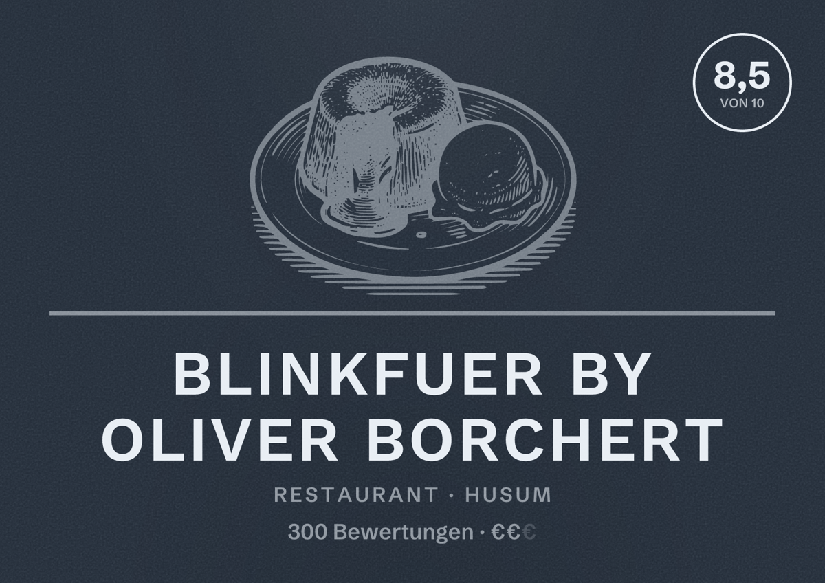 Illustriertes Poster von Blinkfuer by Oliver Borchert, Restaurant in Husum: Bewertung 8,5 von 10 aus 300 Bewertungen, Preisniveau €€