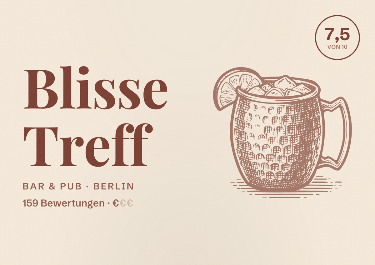 Illustriertes Poster von Blisse Treff, Bar & Pub in Berlin: Bewertung 7,5 von 10 aus 159 Bewertungen, Preisniveau €