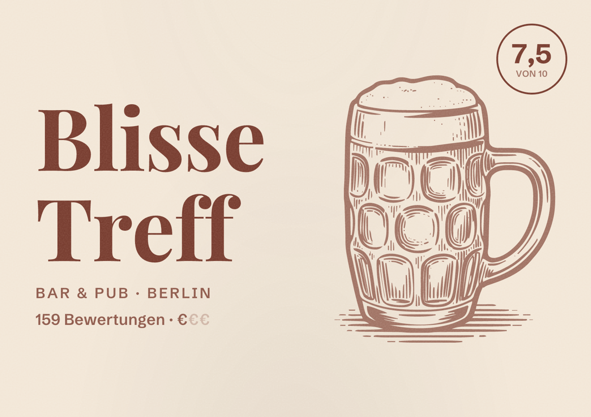 Illustriertes Poster von Blisse Treff, Bar & Pub in Berlin: Bewertung 7,5 von 10 aus 159 Bewertungen, Preisniveau €