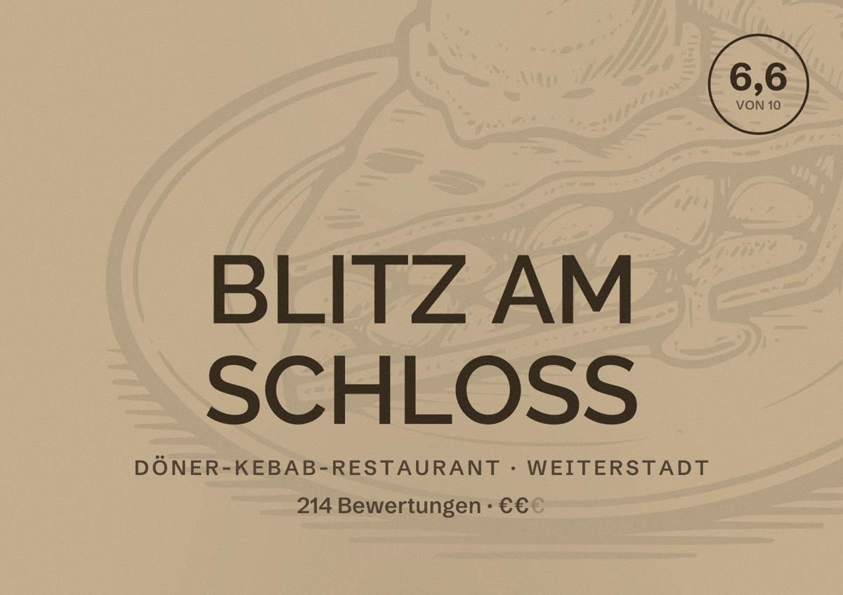 Illustriertes Poster von BLITZ AM SCHLOSS, Döner-Kebab-Restaurant in Weiterstadt: Bewertung 6,6 von 10 aus 214 Bewertungen, Preisniveau €€