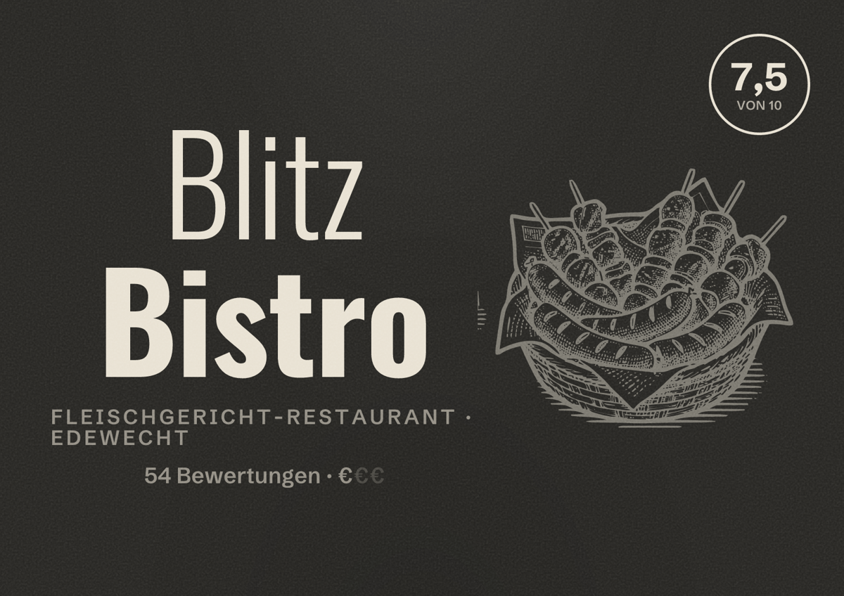 Illustriertes Poster von Blitz Bistro, Fleischgericht-Restaurant in Edewecht: Bewertung 7,5 von 10 aus 54 Bewertungen, Preisniveau €