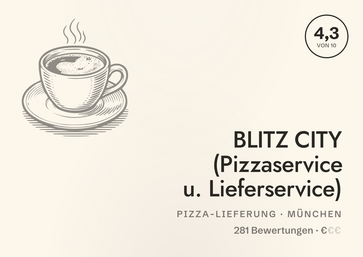 Illustriertes Poster von BLITZ CITY (Pizzaservice u. Lieferservice), Pizza-Lieferung in München: Bewertung 4,3 von 10 aus 281 Bewertungen, Preisniveau €